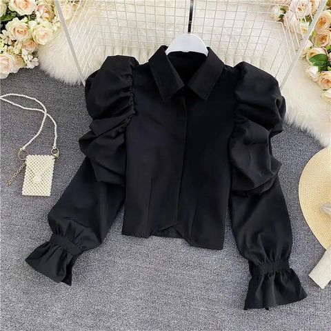 Women's Blouse Long Sleeve Blouses Washed Ruffles Casual Solid Color