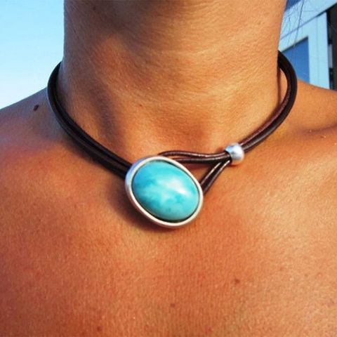 Vintage Style Oval Pu Leather Inlay Turquoise Women's Choker