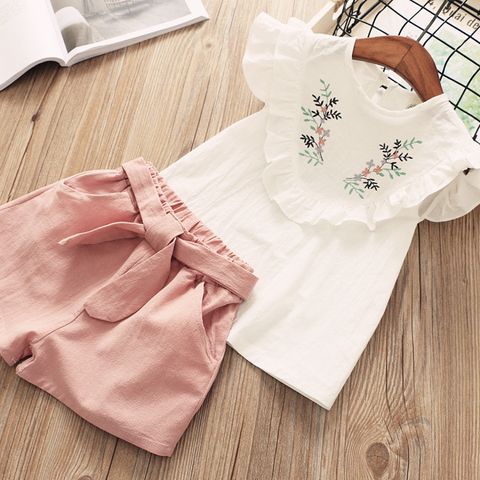 Casual Cute Simple Style Leaves Bow Knot Embroidery Lettuce Trim Cotton Girls Clothing Sets