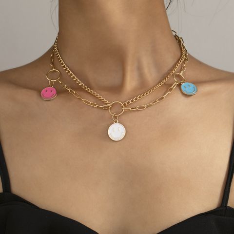 Cute Sweet Simple Style Round Smiley Face Alloy Enamel Plating Women's Layered Necklaces