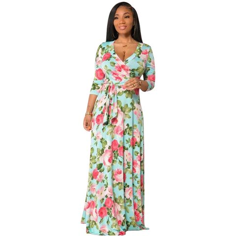 Sheath Dress Streetwear V Neck Printing Belt 3/4 Length Sleeve Flower Maxi Long Dress Daily