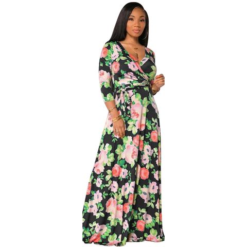 Sheath Dress Streetwear V Neck Printing Belt 3/4 Length Sleeve Flower Maxi Long Dress Daily
