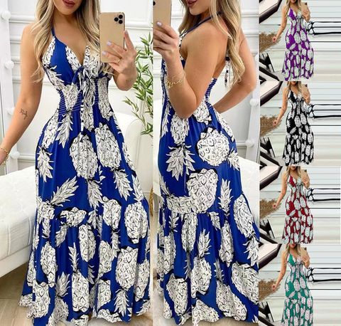 Women's Strap Dress Casual V Neck Printing Pleated Sleeveless Pineapple Maxi Long Dress Street