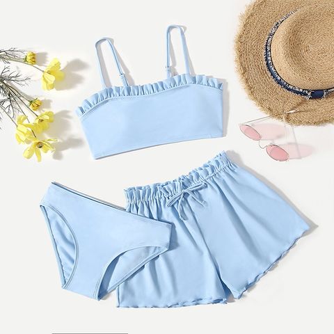 Girl's Simple Style Solid Color 3 Piece Set Bikinis
