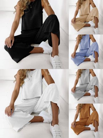 Women's Casual Solid Color Cotton And Linen Pants Sets