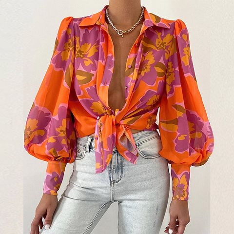 Women's Blouse Long Sleeve Blouses Printing Sexy Color Block