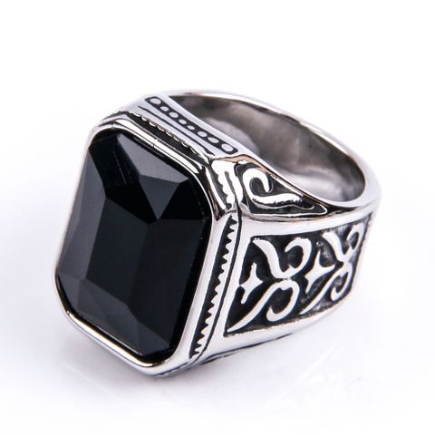 Hip-Hop Square Titanium Steel Inlay Glass 18K Gold Plated Men'S Rings