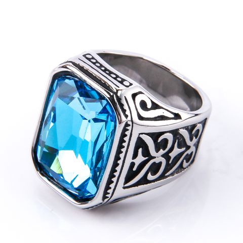 Hip-Hop Square Titanium Steel Inlay Glass 18K Gold Plated Men'S Rings