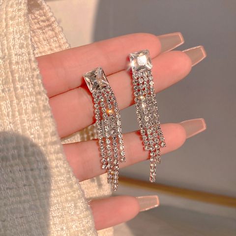 1 Pair Fairy Style Elegant Vacation Tassel Inlay Alloy Rhinestones Silver Plated Drop Earrings