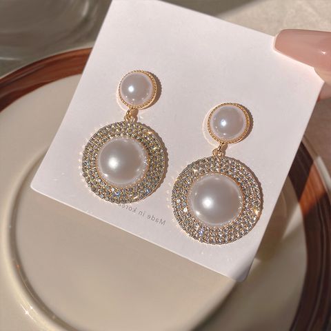 Vintage Style Exaggerated Roman Style Round Alloy Three-dimensional Inlay Artificial Pearls Zircon Women's Drop Earrings