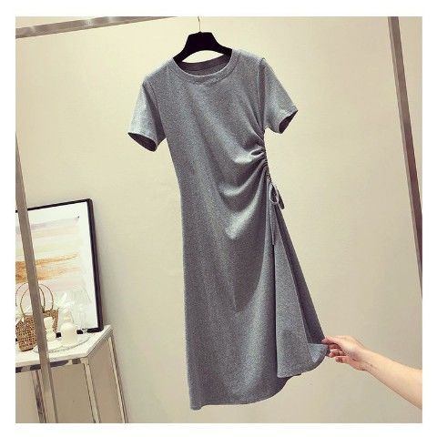 Women's A-line Skirt Simple Style Round Neck Elastic Drawstring Design Elastic Waist Short Sleeve Solid Color Above Knee Daily