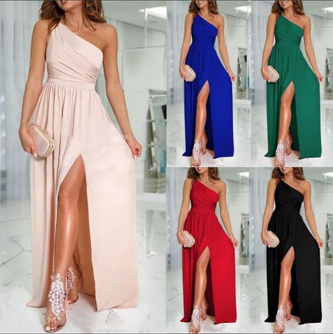 Women's Regular Dress Casual Elegant Off Shoulder Thigh Slit Slit Sleeveless Solid Color Maxi Long Dress Banquet