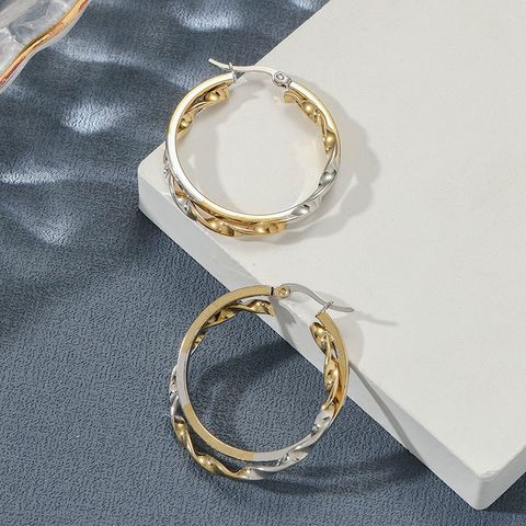 1 Pair Elegant Simple Style Round Spiral Stainless Steel 18k Gold Plated Hoop Earrings