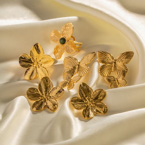 Ins-stil Blume Schmetterling Rostfreier Stahl Überzug Inlay Türkis 18 Karat Vergoldet Ringe Ohrringe