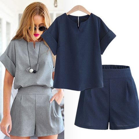 Women's Casual Basic Classic Style Simple Solid Color Linen Spandex Polyester Elastic Waist Shorts Sets