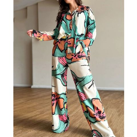 Women's Elegant Color Block Polyester Printing Pants Sets