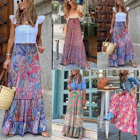 Summer Streetwear Printing Cotton Blend Polyester Maxi Long Dress Skirts