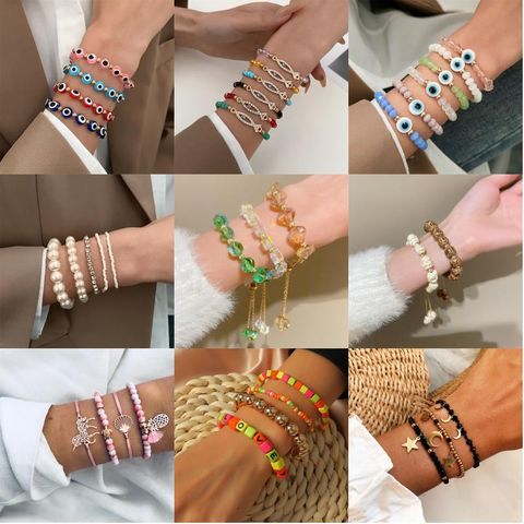 Hawaiian Classic Style Streetwear Eye 18k Gold Plated Gold Plated Silver Plated Artificial Crystal Rhinestones Beaded Copper Wholesale Bracelets