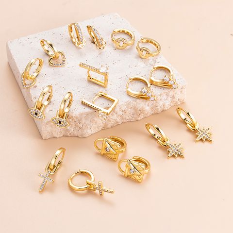 1 Pair Streetwear Star Copper Plating Inlay Zircon 18k Gold Plated Hoop Earrings