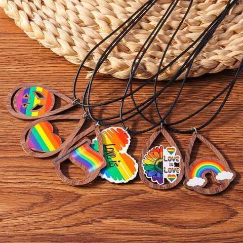 Wholesale Jewelry Sweet Letter Rainbow Heart Shape Wood Pendant Necklace