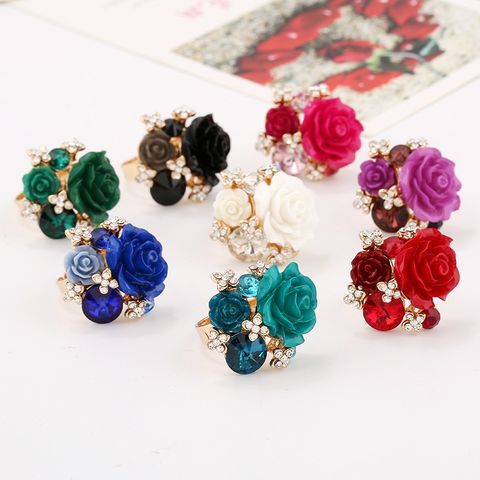 Glam Flower Alloy Resin Inlay Artificial Diamond Women's Rings