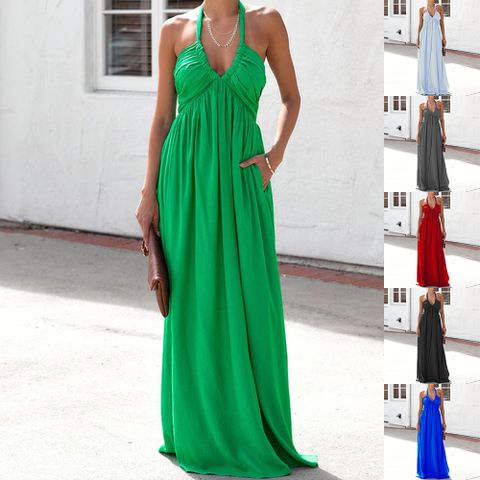 Women's A-line Skirt Streetwear V Neck Patchwork Backless Sleeveless Solid Color Maxi Long Dress Street