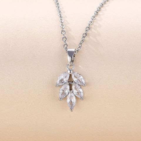 Stainless Steel White Gold Plated Elegant Plating Inlay Leaf Zircon Pendant Necklace