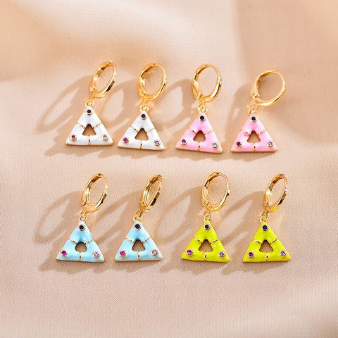 1 Pair Elegant Cute Triangle Copper Enamel Inlay Zircon Drop Earrings