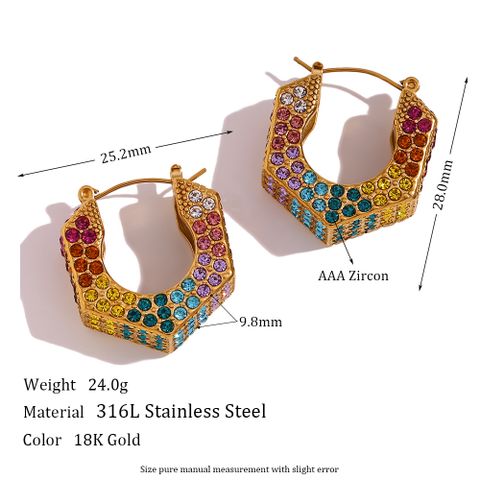 1 Pair Shiny Hexagon Plating Inlay Stainless Steel Zircon 18k Gold Plated Hoop Earrings