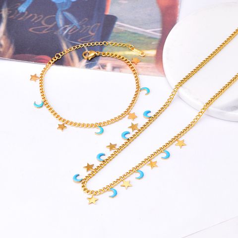 Casual Simple Style Star Moon Titanium Steel Epoxy Plating Bracelets Necklace
