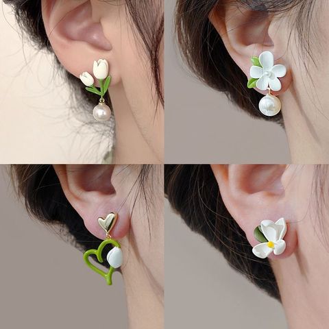 Ins Style Korean Style Heart Shape Flower Bow Knot Imitation Pearl Alloy Plating Women's Earrings