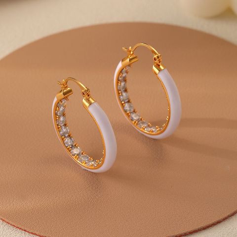 1 Pair Casual Simple Style Circle Copper Brass Enamel Plating Inlay Zircon 18k Gold Plated Hoop Earrings