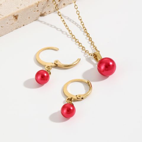 Stainless Steel Imitation Pearl 14K Gold Plated Simple Style Shiny Plating Round Earrings Necklace