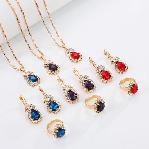 Bridal Shiny Water Droplets Alloy Plating Inlay Rhinestones 14k Gold Plated Women's Rings Earrings Necklace