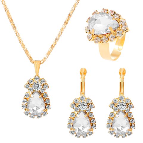 Bridal Shiny Water Droplets Alloy Plating Inlay Rhinestones 14k Gold Plated Women's Rings Earrings Necklace