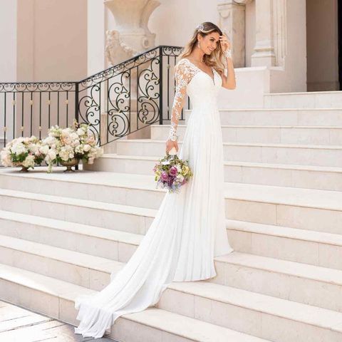 Wedding Dress Simple Style V Neck Lace Long Sleeve Solid Color Maxi Long Dress Wedding