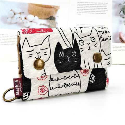 Unisex Animal Color Block Flower Canvas Sewing Thread Flip Cover Coin Purses