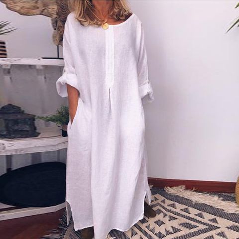 Women's A-line Skirt Simple Style Round Neck Patchwork Long Sleeve Solid Color Maxi Long Dress Daily