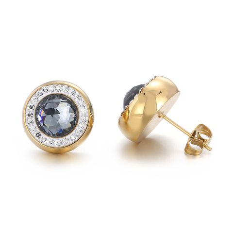 1 Pair Simple Style Shiny Round Plating Inlay Stainless Steel Artificial Crystal Zircon 18K Gold Plated Ear Studs