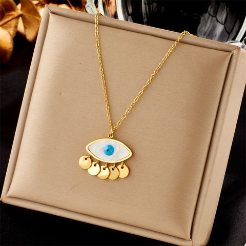 Casual Simple Style Eye Titanium Steel Tassel Plating Inlay Shell Pendant Necklace Long Necklace