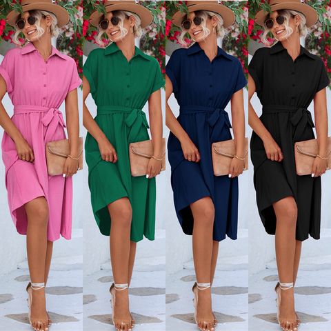 Women's Shirt Dress Casual Shirt Collar Button Short Sleeve Solid Color Midi Dress Daily
