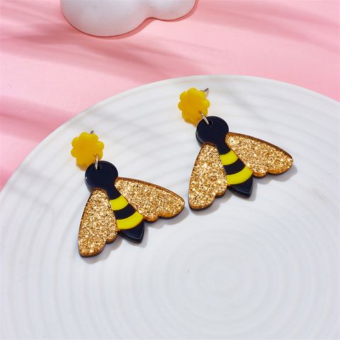1 Pair Cartoon Style Cute Bee Sequins Arylic Drop Earrings