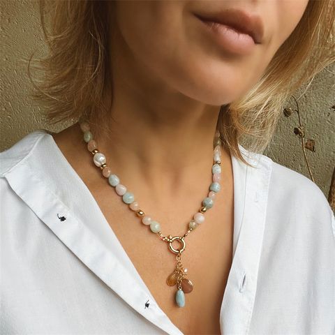 Retro Commute Round Arylic Natural Stone Freshwater Pearl Beaded Women's Sweater Chain Long Necklace