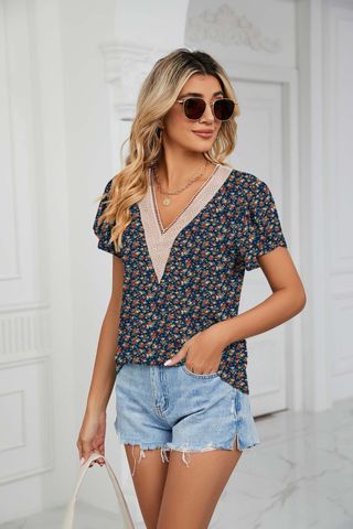 Women's T-shirt Short Sleeve Blouses Printing Contrast Binding Casual Flower