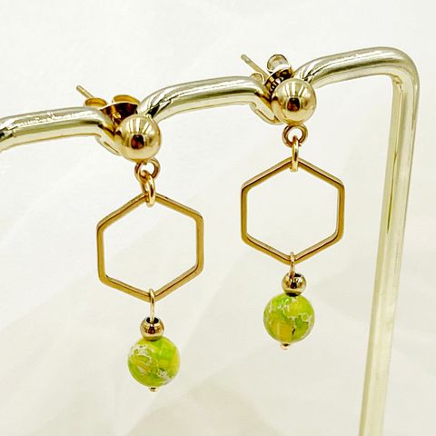 1 Pair Chinoiserie Classical Cute Hexagon Plating Hollow Out 304 Stainless Steel Natural Stone Natural Stone Beads 14K Gold Plated Drop Earrings