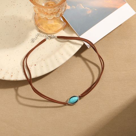 Casual Retro Oval Alloy Leather Rope Inlay Turquoise Resin Women's Necklace
