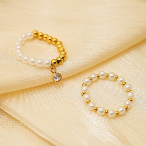 Casual Simple Style Round Imitation Pearl Titanium Steel Beaded Plating Inlay Zircon 14k Gold Plated Women's Charm Ring