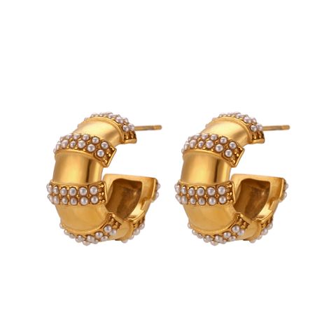 1 Pair Vintage Style C Shape Plating Inlay Stainless Steel Rhinestones Pearl 18k Gold Plated Ear Studs