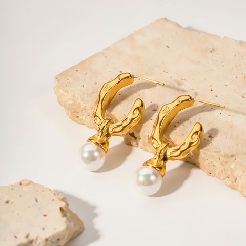 1 Pair Ins Style Simple Style C Shape Irregular Plating Inlay Stainless Steel Pearl 18k Gold Plated Drop Earrings