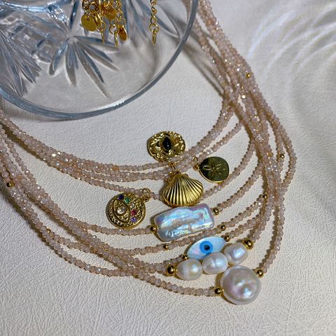 Ins-stil Geometrisch Rostfreier Stahl Künstlicher Kristall Inlay Naturstein Perle Hülse Frau Halskette